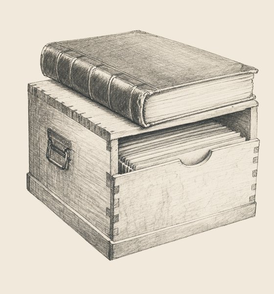 A pencil drawing of a bound accounting ledger resting on an open wooden filing crate